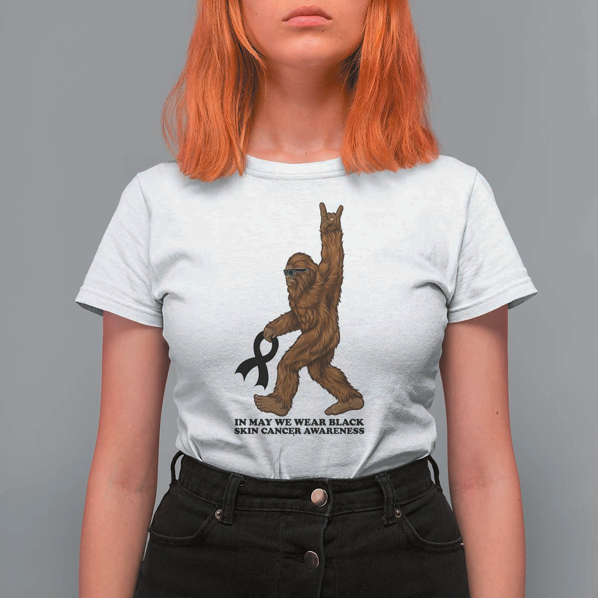 Funny Bigfoot Skin Cancer Support T Shirt For Women In May We Wear Black