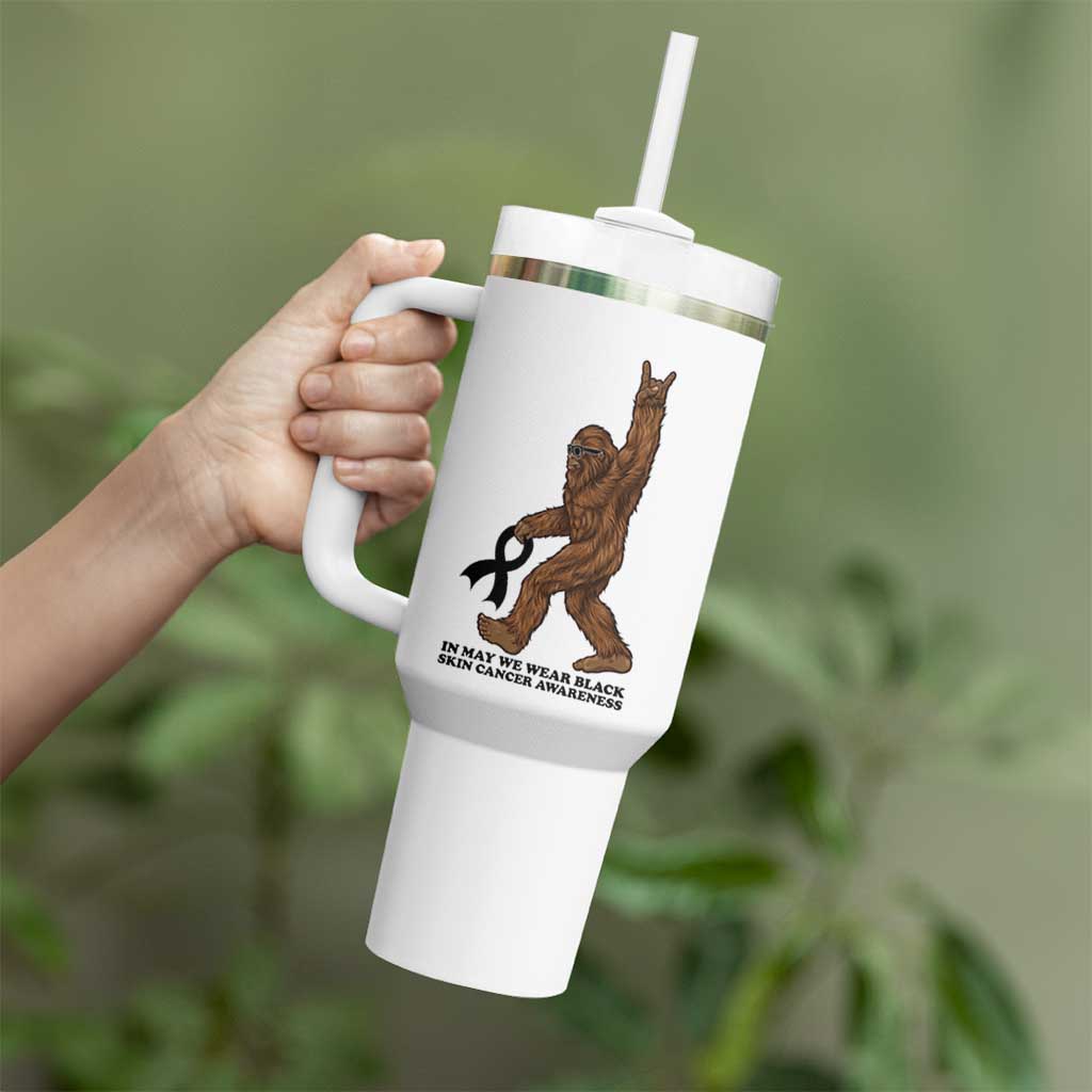 Funny Bigfoot Skin Cancer Support Tumbler With Handle In May We Wear Black