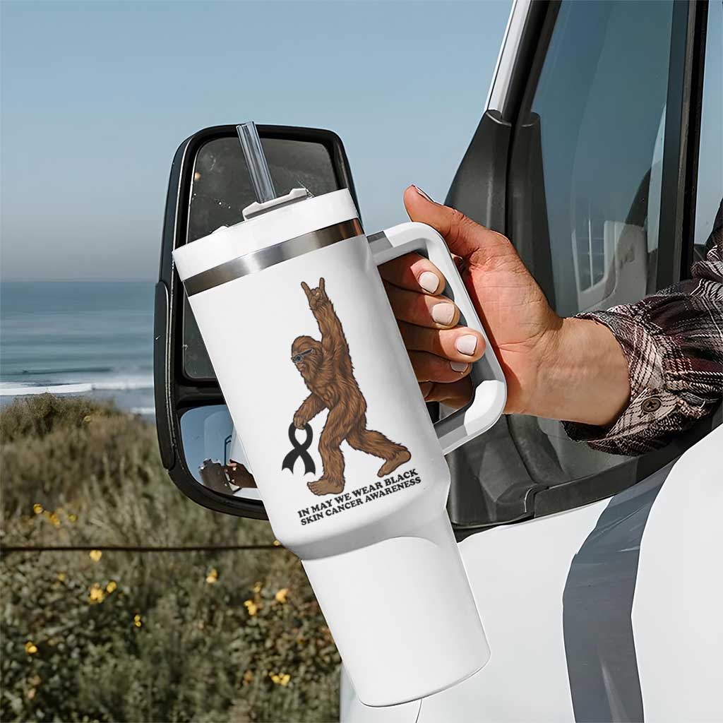 Funny Bigfoot Skin Cancer Support Tumbler With Handle In May We Wear Black