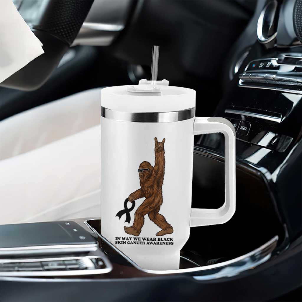 Funny Bigfoot Skin Cancer Support Tumbler With Handle In May We Wear Black