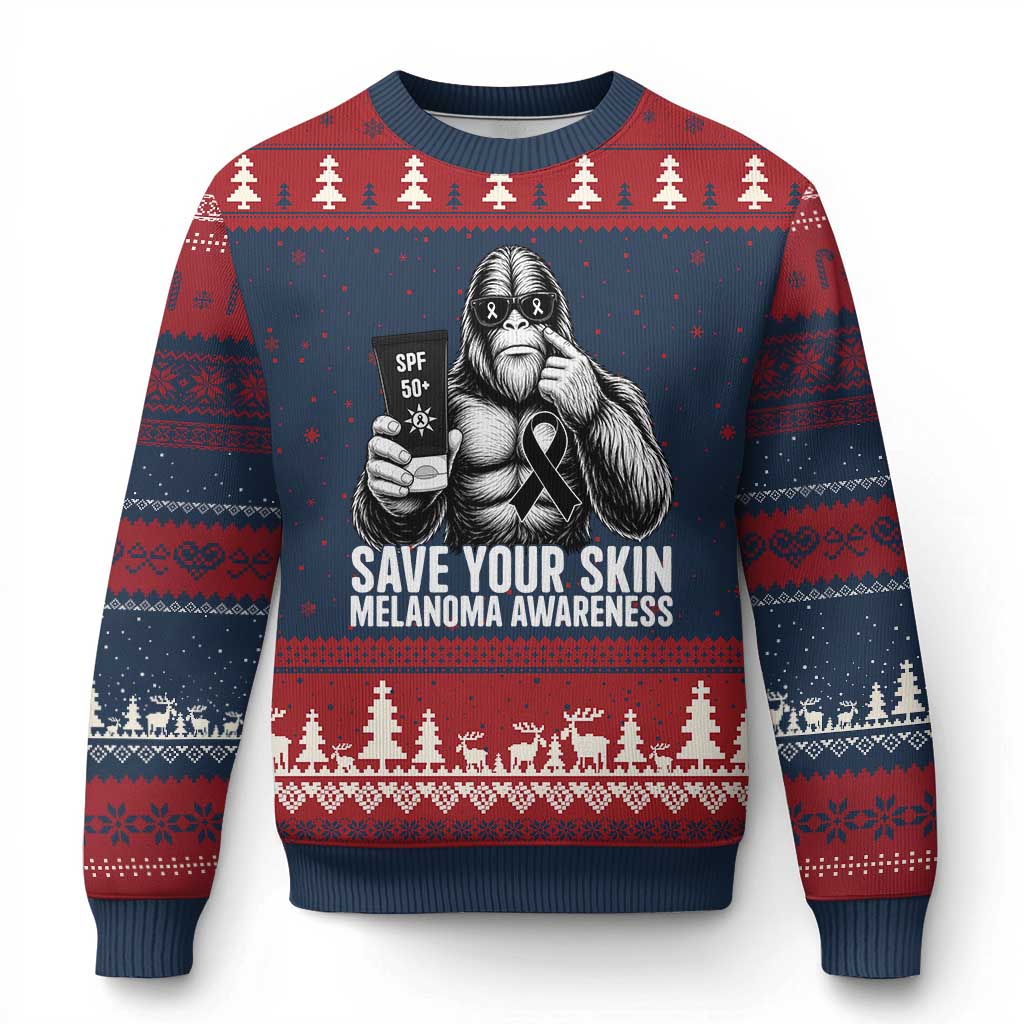 Bigfoot Save Your Skin Ugly Christmas Sweater Melanoma Warrior Support