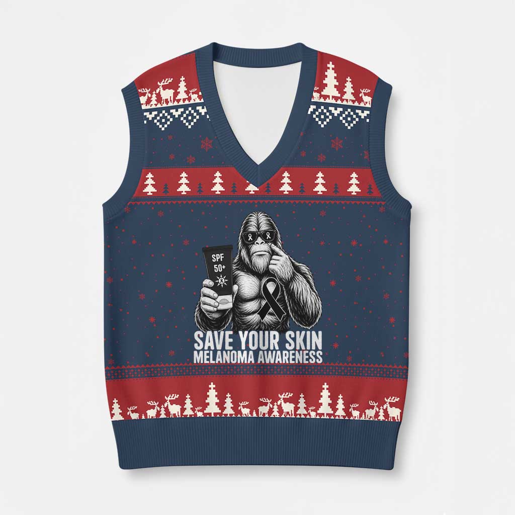 Bigfoot Save Your Skin V-Neck Knit Sweater Vest Melanoma Warrior Support