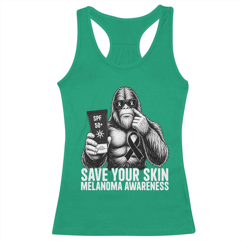 Bigfoot Save Your Skin Racerback Tank Top Melanoma Warrior Support