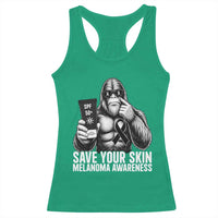 Bigfoot Save Your Skin Racerback Tank Top Melanoma Warrior Support