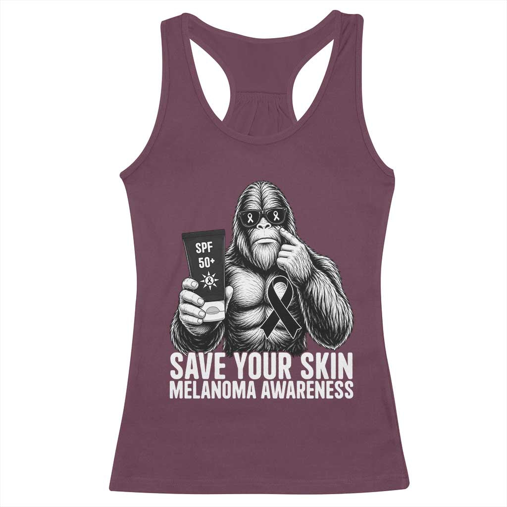 Bigfoot Save Your Skin Racerback Tank Top Melanoma Warrior Support