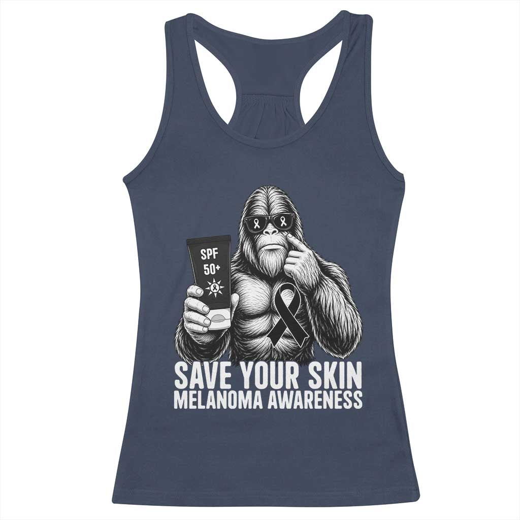 Bigfoot Save Your Skin Racerback Tank Top Melanoma Warrior Support
