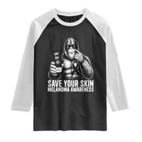 Bigfoot Save Your Skin Raglan Shirt Melanoma Warrior Support
