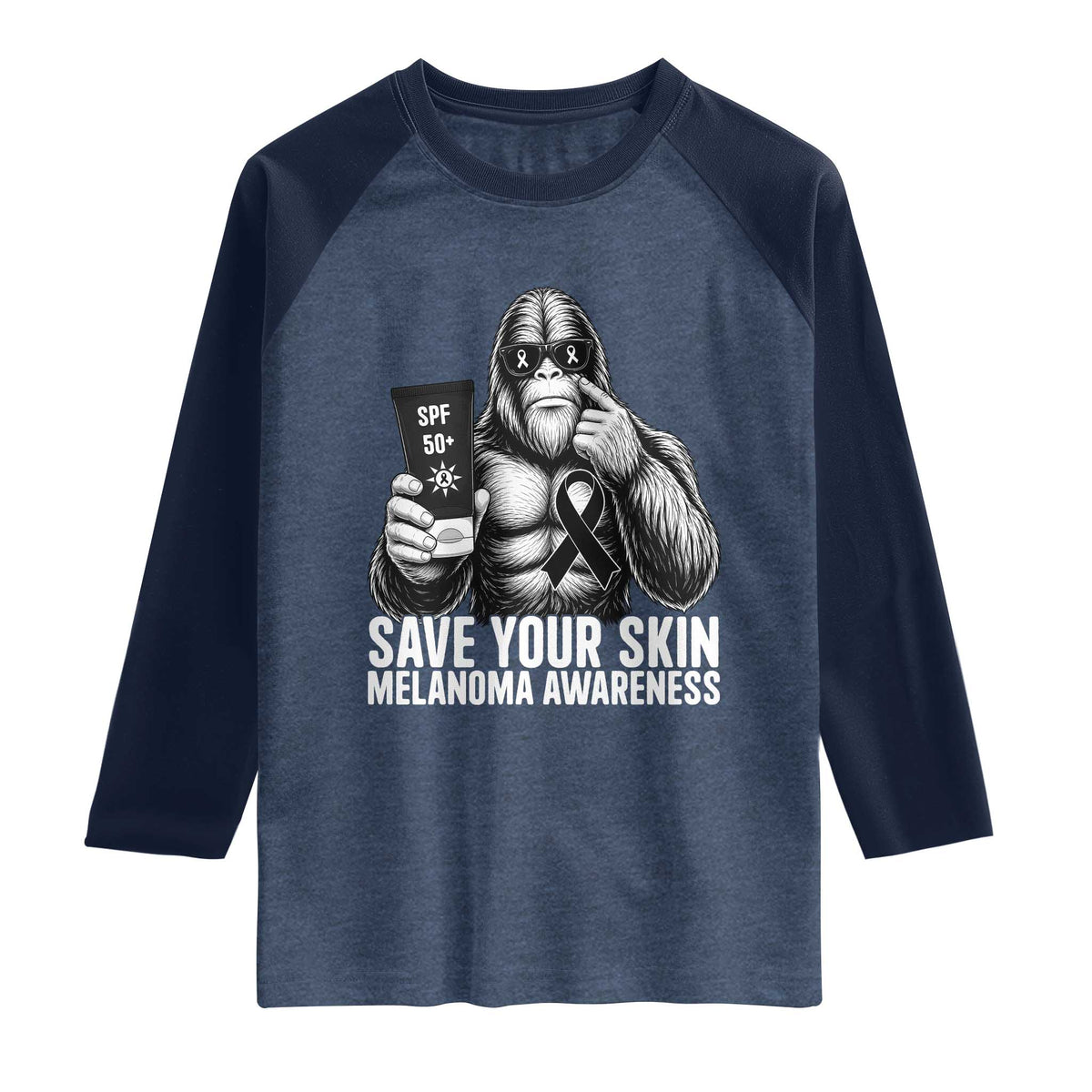 Bigfoot Save Your Skin Raglan Shirt Melanoma Warrior Support