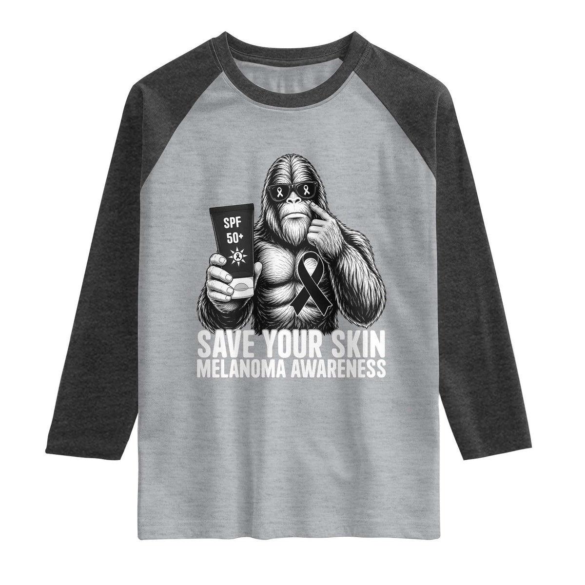 Bigfoot Save Your Skin Raglan Shirt Melanoma Warrior Support