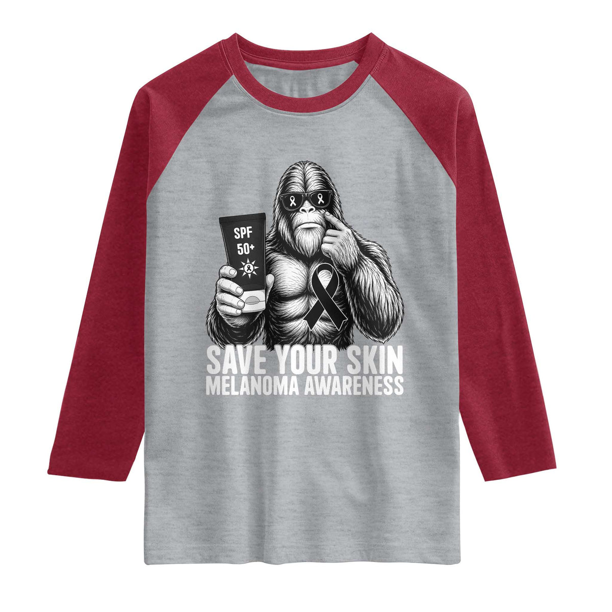 Bigfoot Save Your Skin Raglan Shirt Melanoma Warrior Support