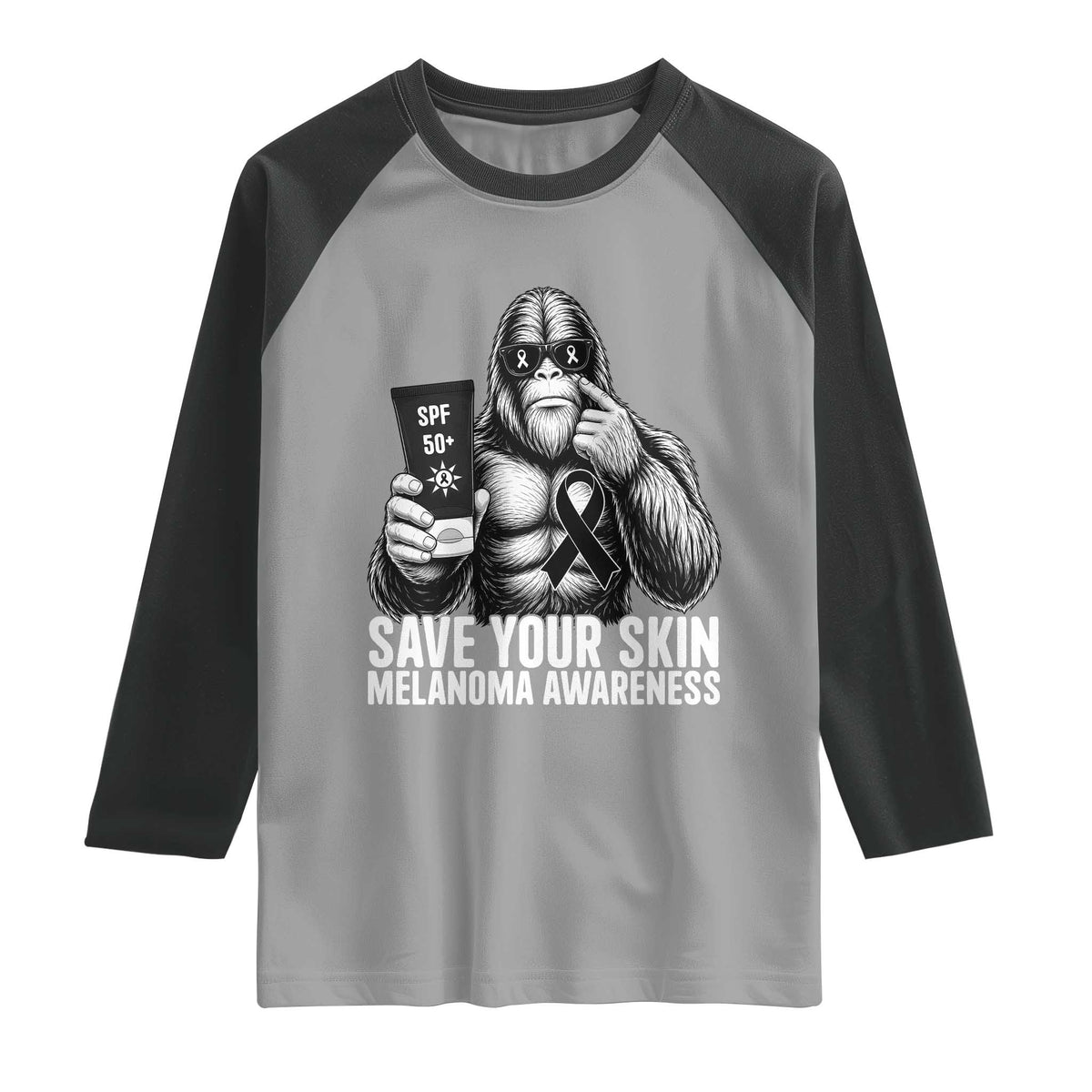 Bigfoot Save Your Skin Raglan Shirt Melanoma Warrior Support