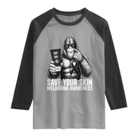 Bigfoot Save Your Skin Raglan Shirt Melanoma Warrior Support