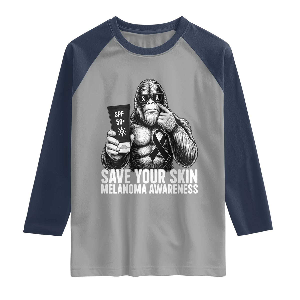 Bigfoot Save Your Skin Raglan Shirt Melanoma Warrior Support