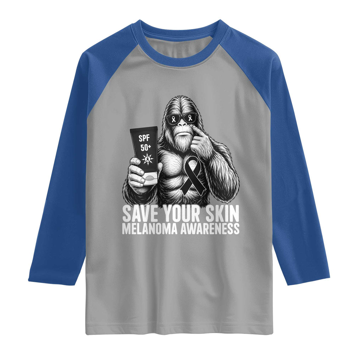 Bigfoot Save Your Skin Raglan Shirt Melanoma Warrior Support