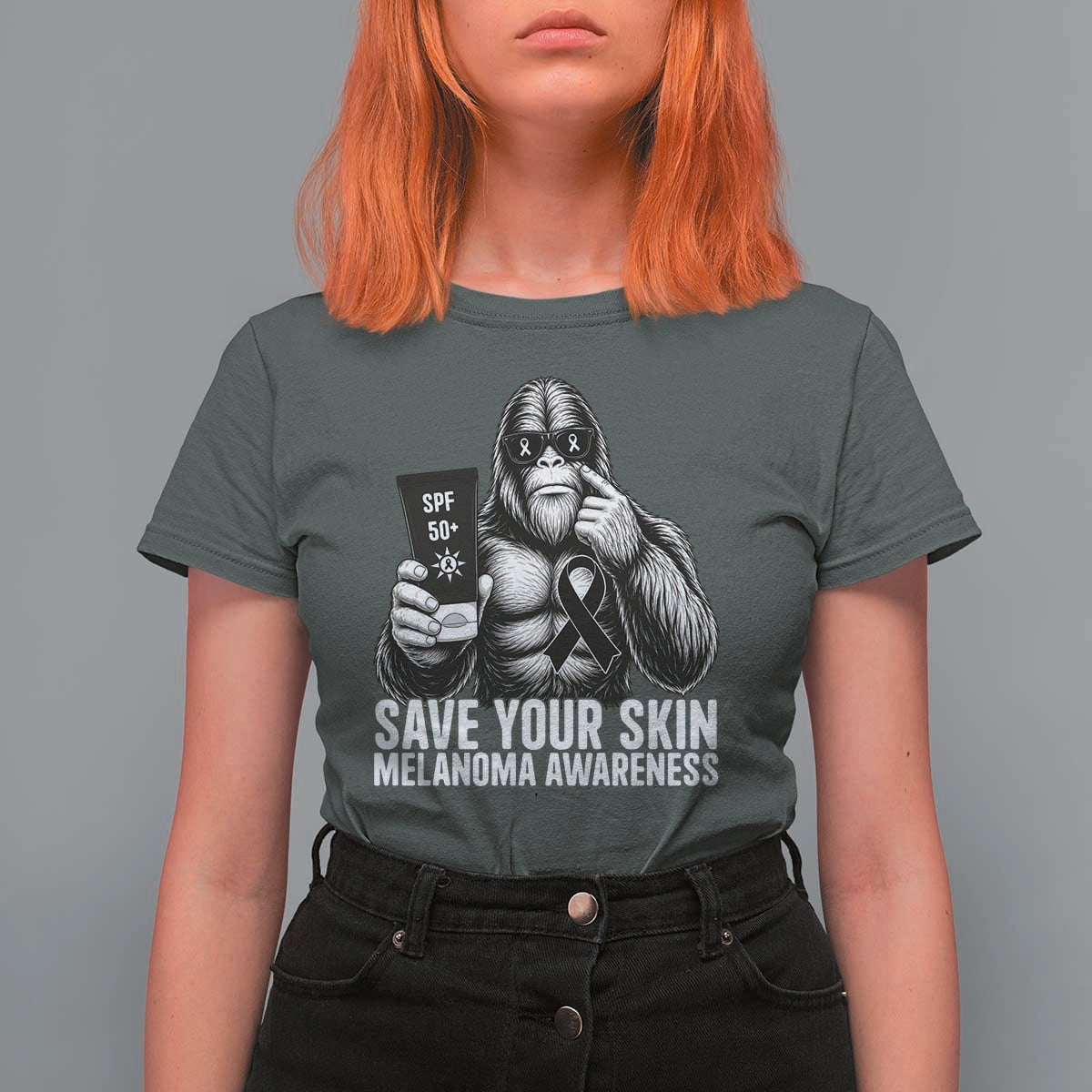 Bigfoot Save Your Skin T Shirt For Women Melanoma Warrior Support