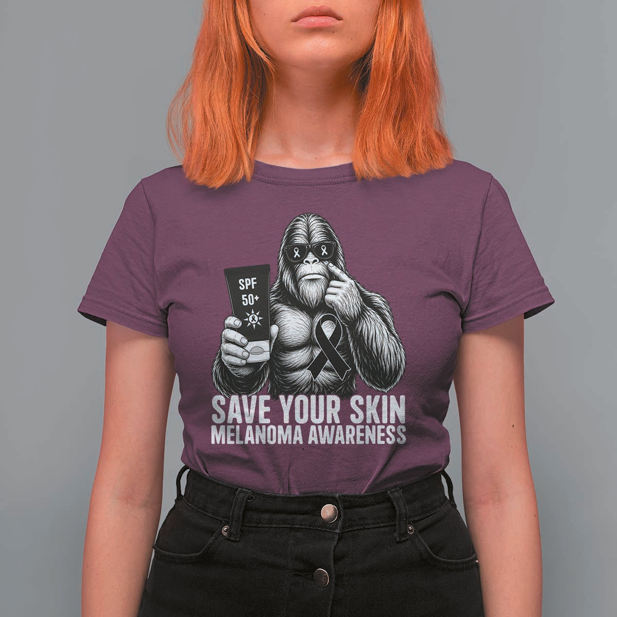 Bigfoot Save Your Skin T Shirt For Women Melanoma Warrior Support