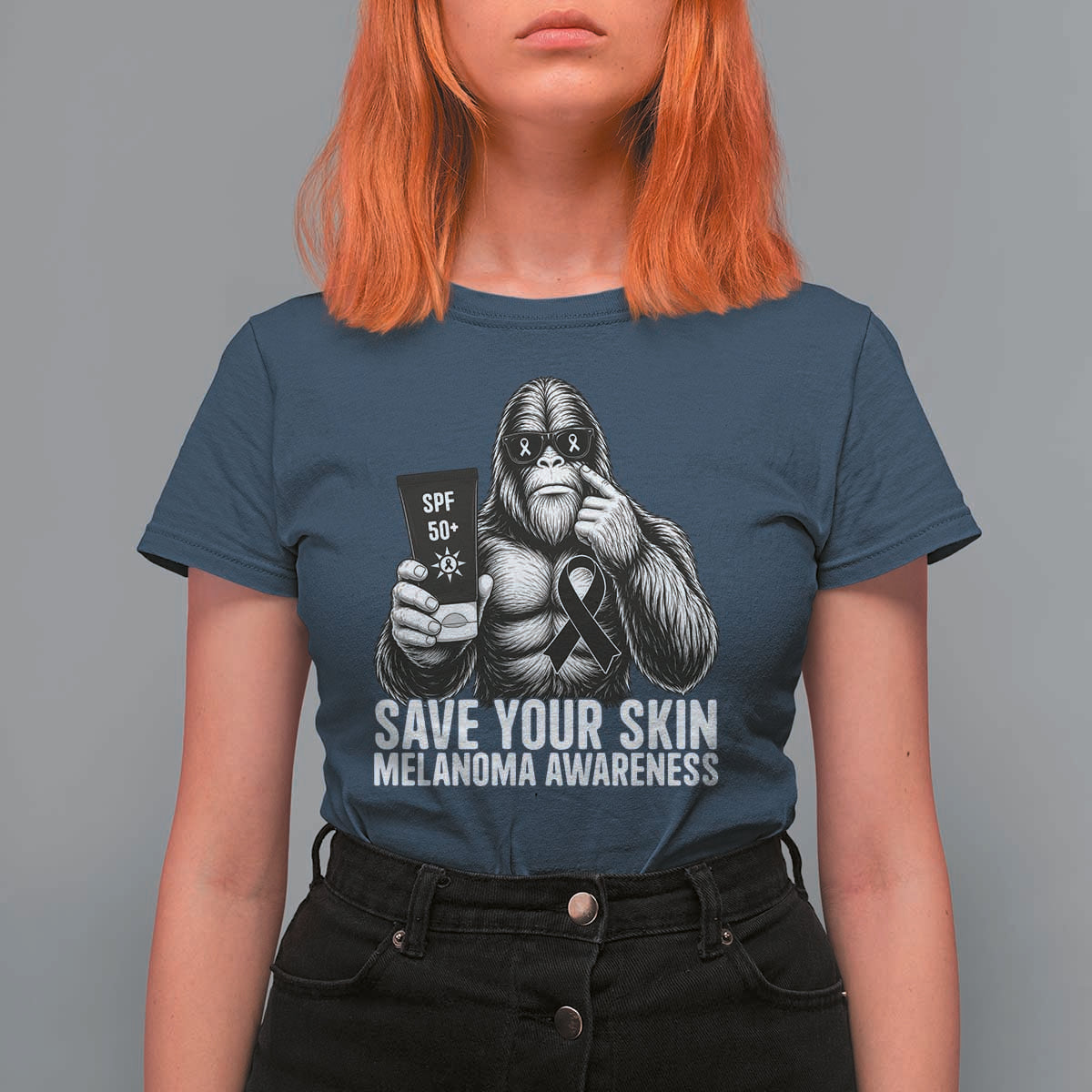 Bigfoot Save Your Skin T Shirt For Women Melanoma Warrior Support