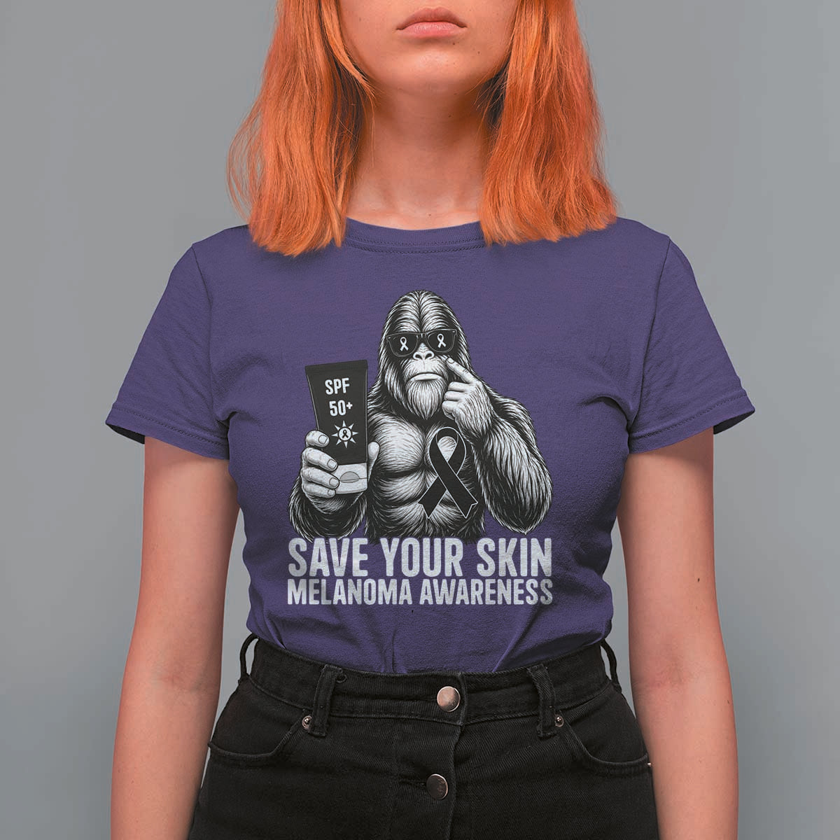 Bigfoot Save Your Skin T Shirt For Women Melanoma Warrior Support