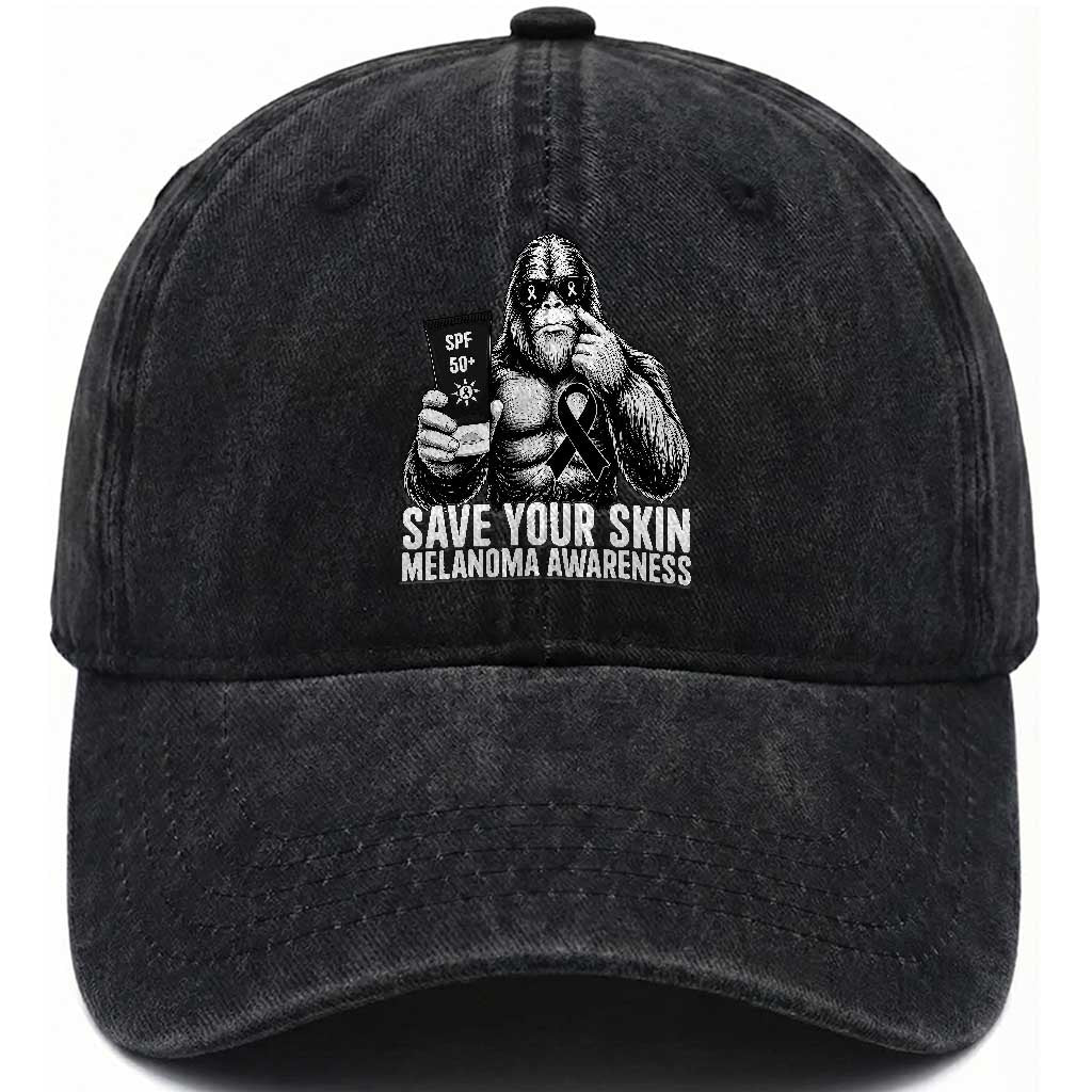Bigfoot Save Your Skin Washed Cotton Baseball Cap Melanoma Warrior Support
