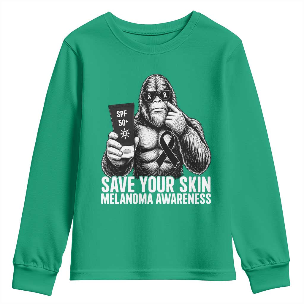 Bigfoot Save Your Skin Youth Sweatshirt Melanoma Warrior Support