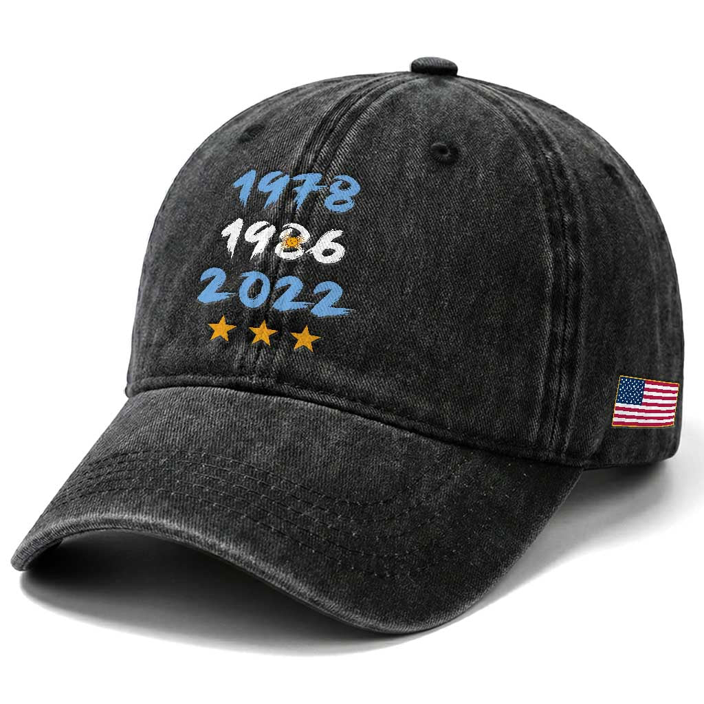 Argentina 3 Stars Champions Washed Cotton Baseball Cap 1978 1986 2022 Football Pride