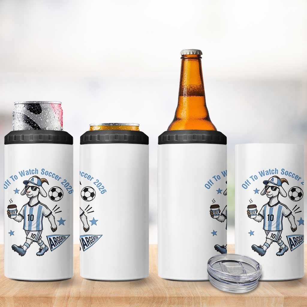 Funny Goat Football Lover 4 in 1 Can Cooler Tumbler Off To Watch Argentina Soccer 2026