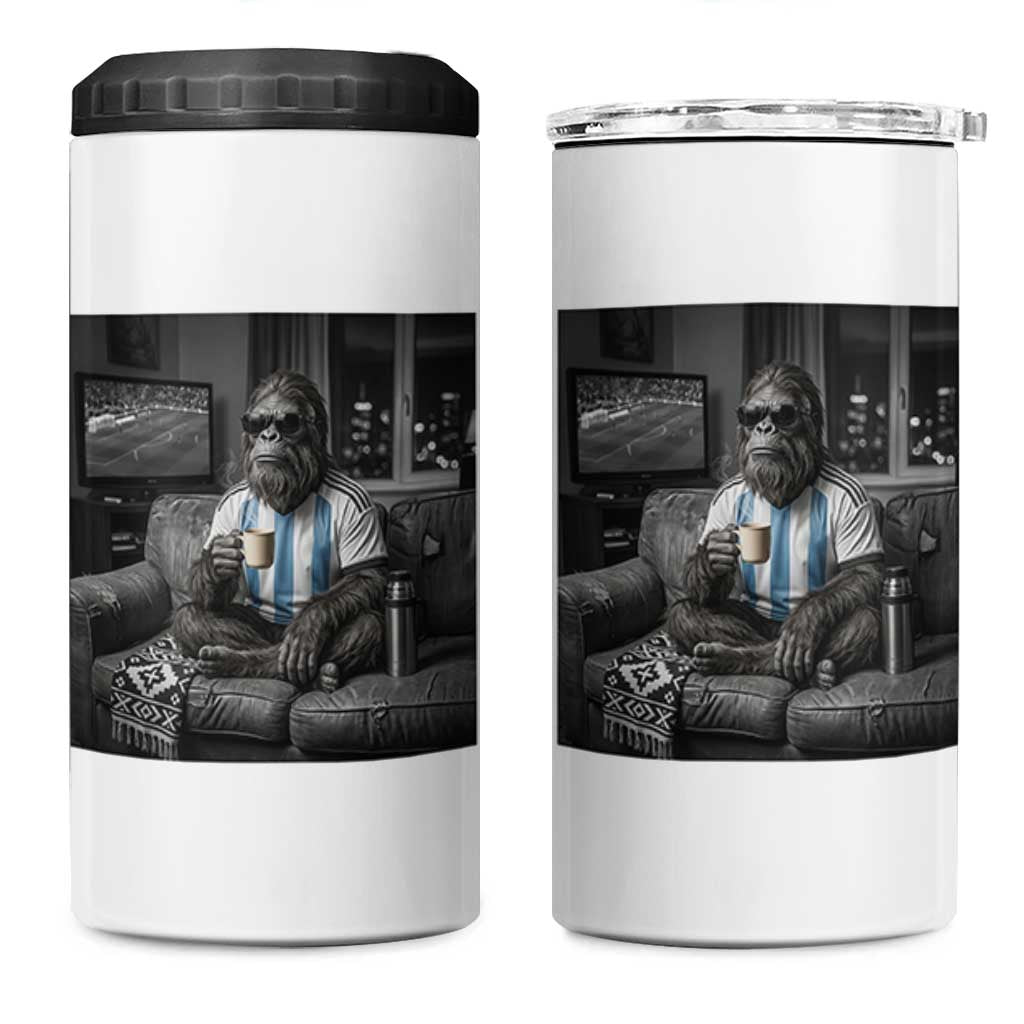 Funny Bigfoot Watching Soccer 4 in 1 Can Cooler Tumbler Argentina Futbol Fan