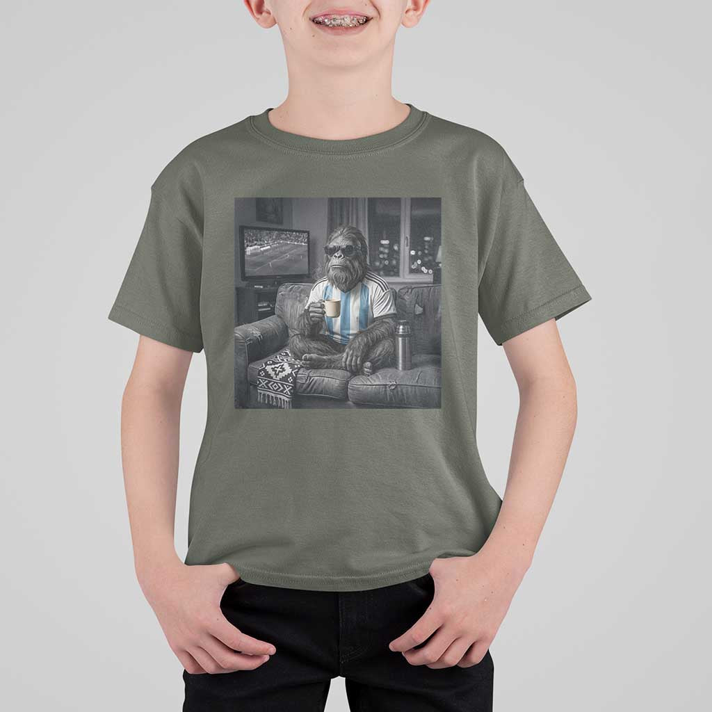 Funny Bigfoot Watching Soccer T Shirt For Kid Argentina Futbol Fan