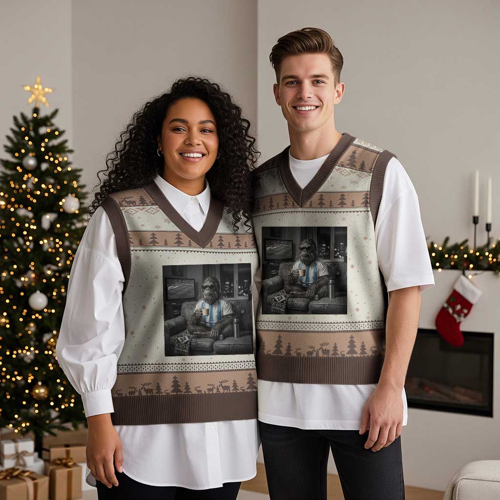 Funny Bigfoot Watching Soccer V-Neck Knit Sweater Vest Argentina Futbol Fan