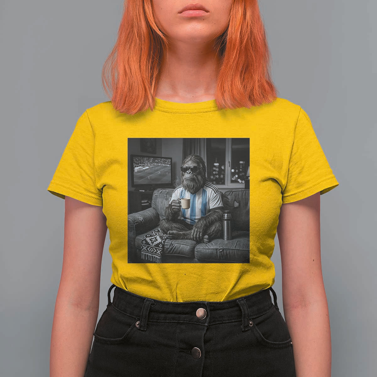 Funny Bigfoot Watching Soccer T Shirt For Women Argentina Futbol Fan