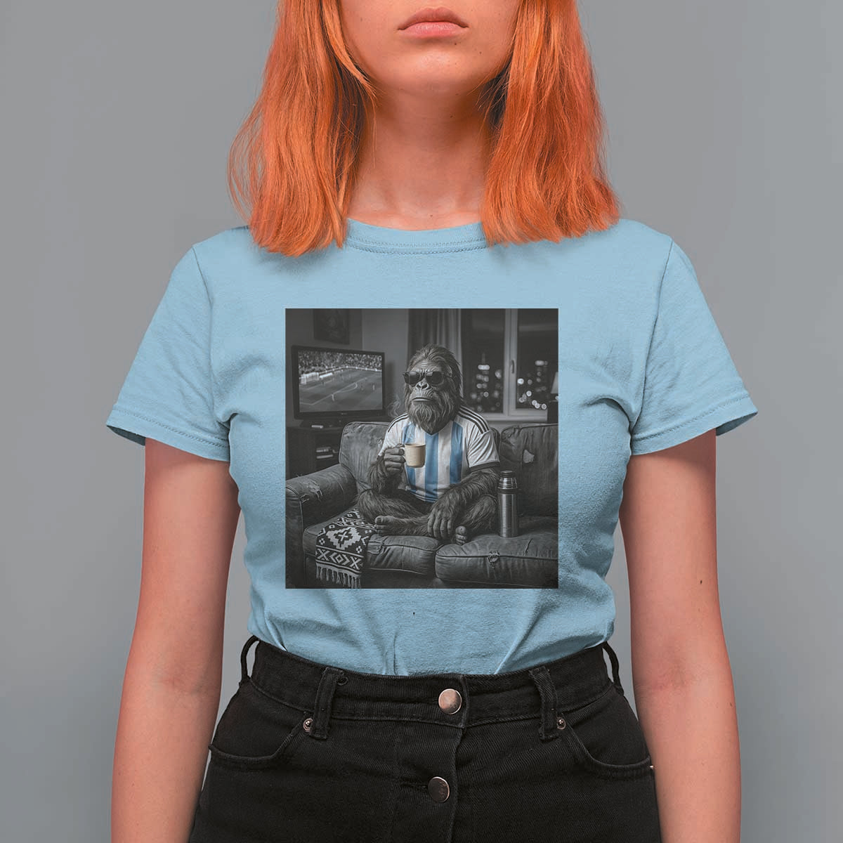 Funny Bigfoot Watching Soccer T Shirt For Women Argentina Futbol Fan