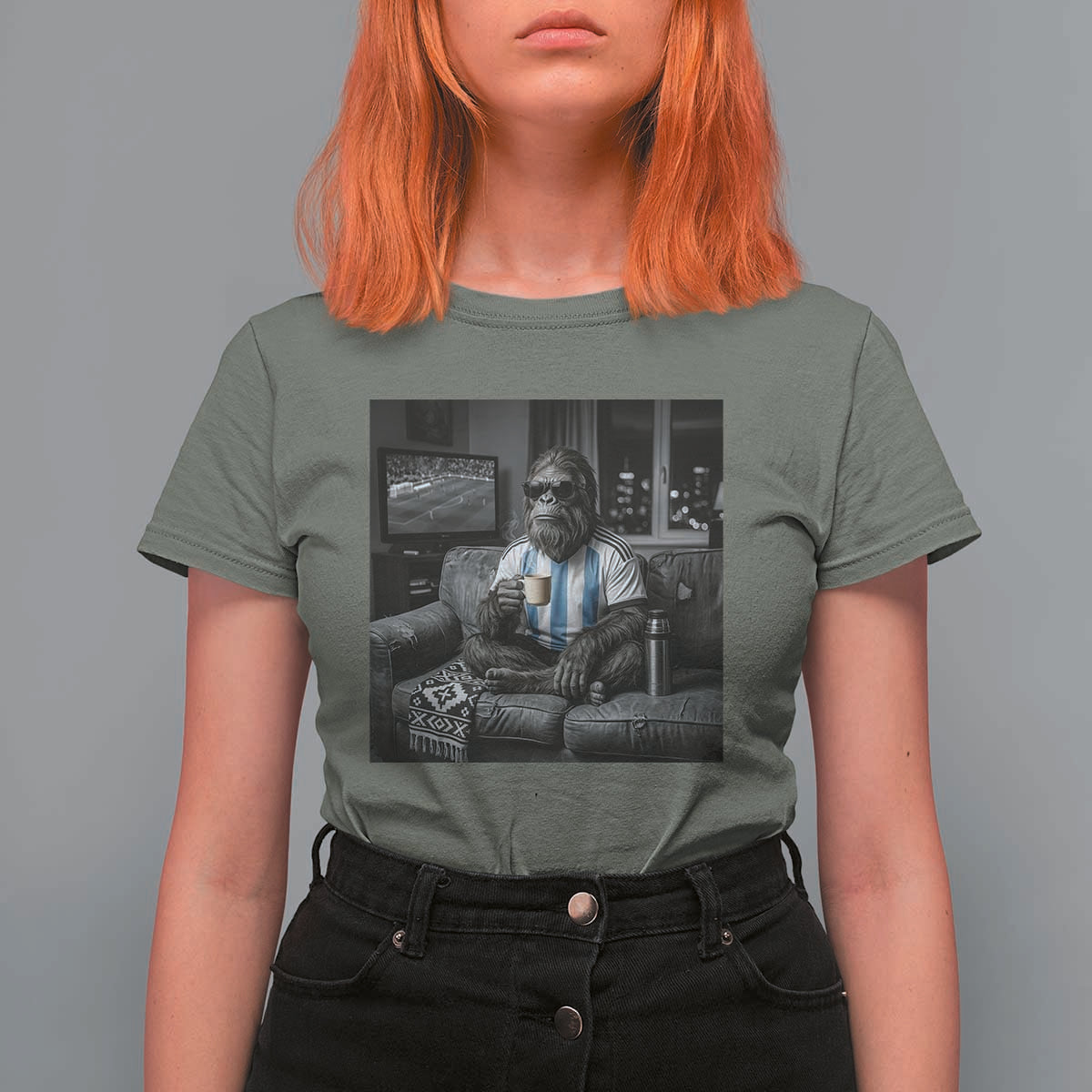 Funny Bigfoot Watching Soccer T Shirt For Women Argentina Futbol Fan