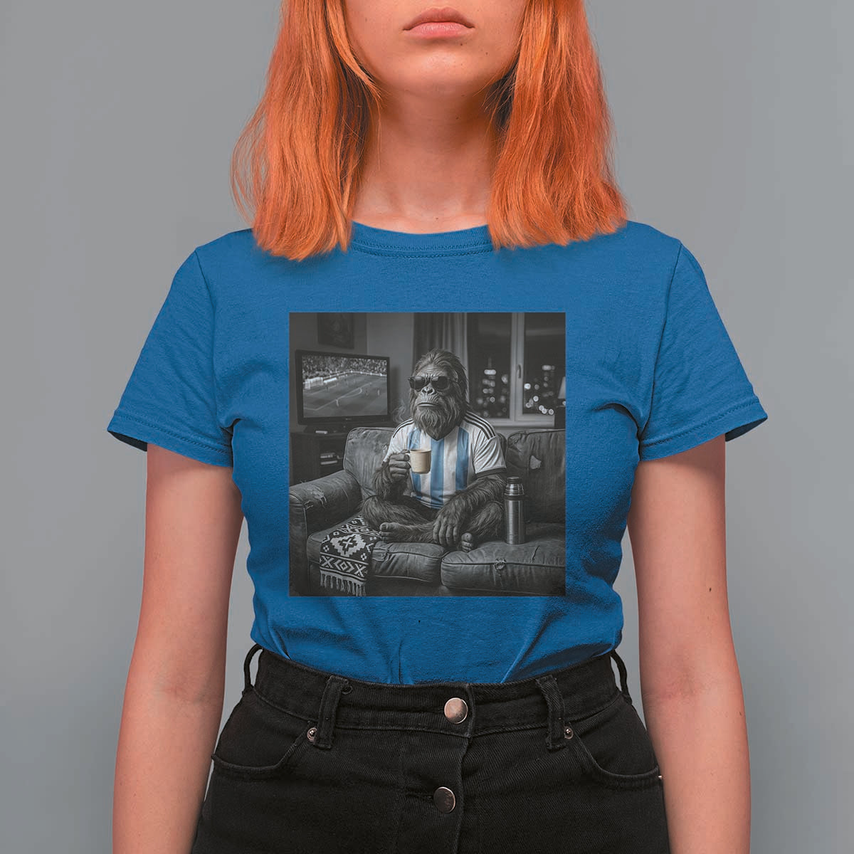 Funny Bigfoot Watching Soccer T Shirt For Women Argentina Futbol Fan