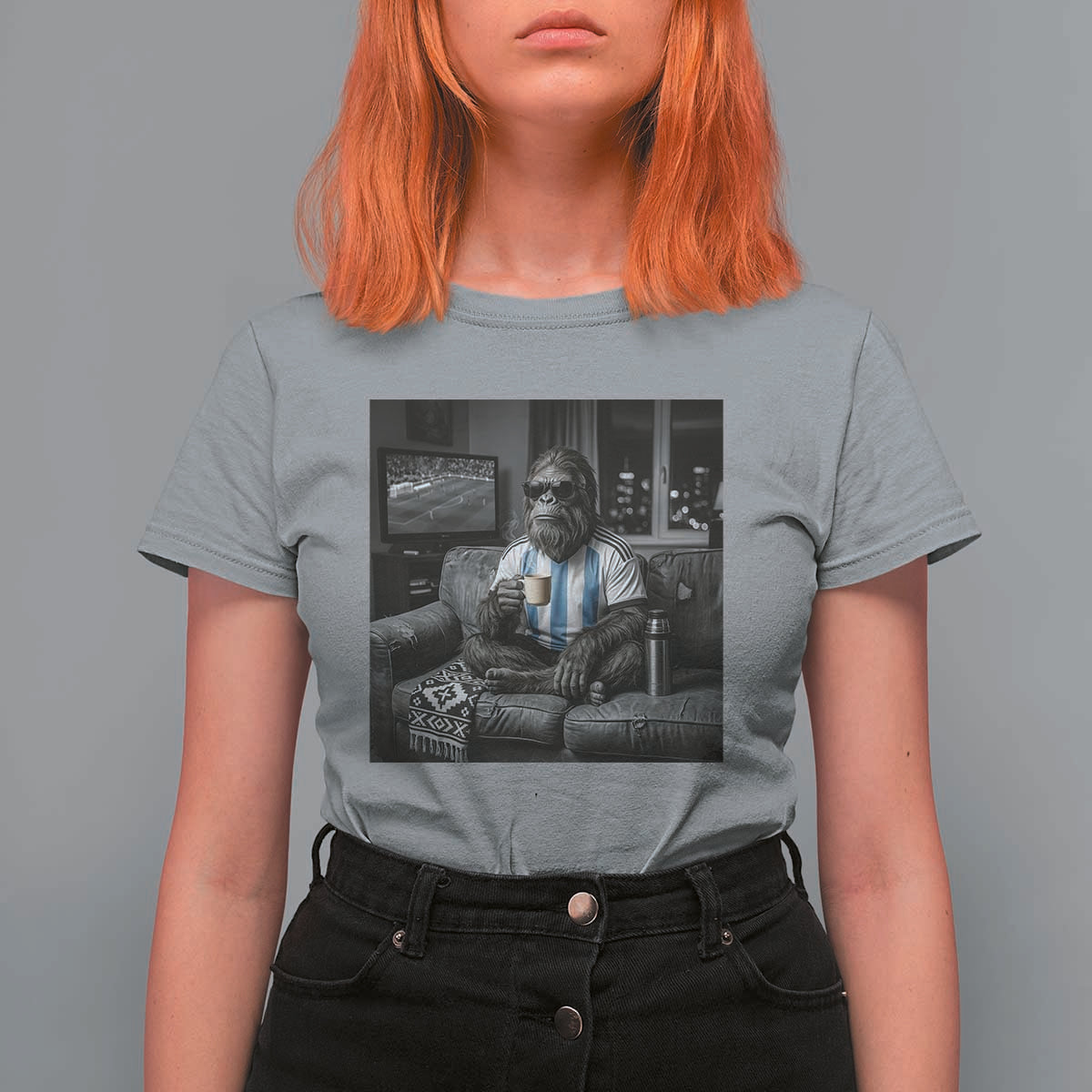 Funny Bigfoot Watching Soccer T Shirt For Women Argentina Futbol Fan