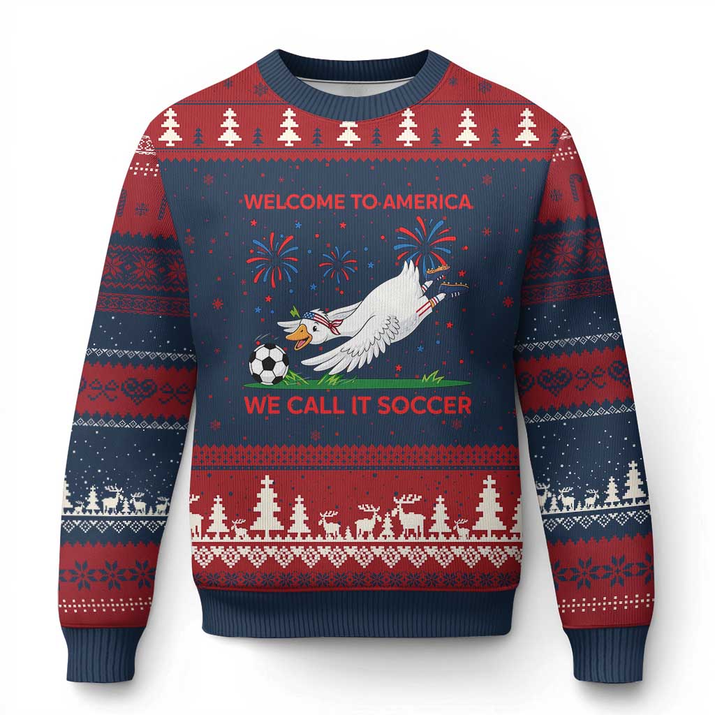 Funny USA Goose Football Ugly Christmas Sweater Welcome To America We Call It Soccer