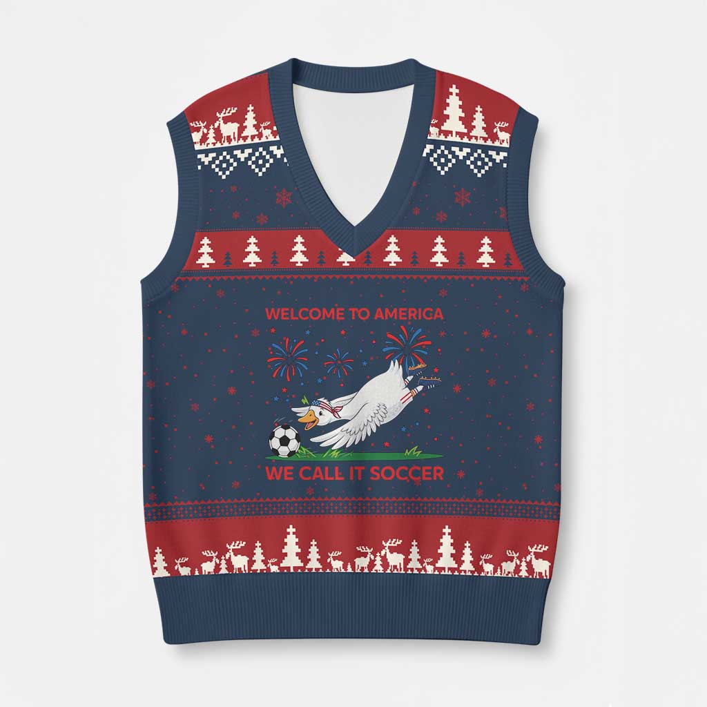 Funny USA Goose Football V-Neck Knit Sweater Vest Welcome To America We Call It Soccer