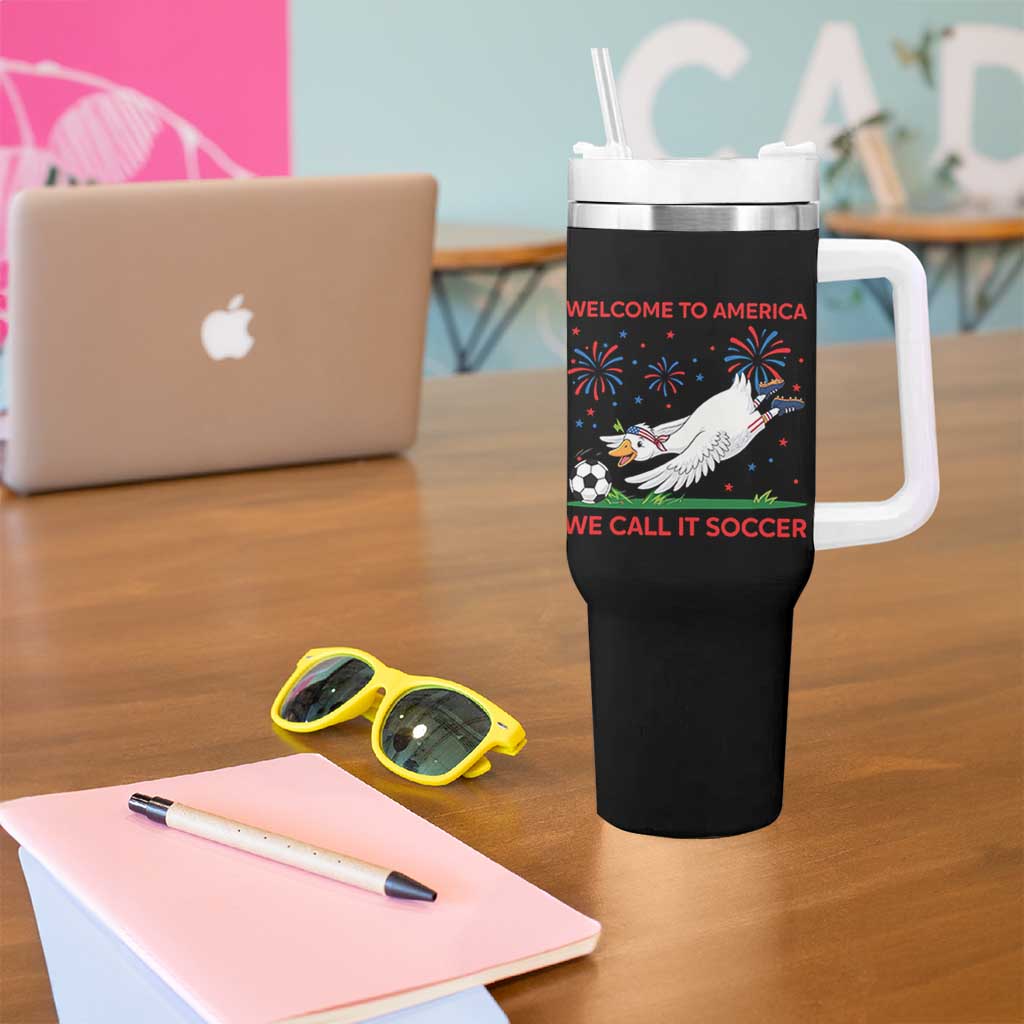 Funny USA Goose Football Tumbler With Handle Welcome To America We Call It Soccer