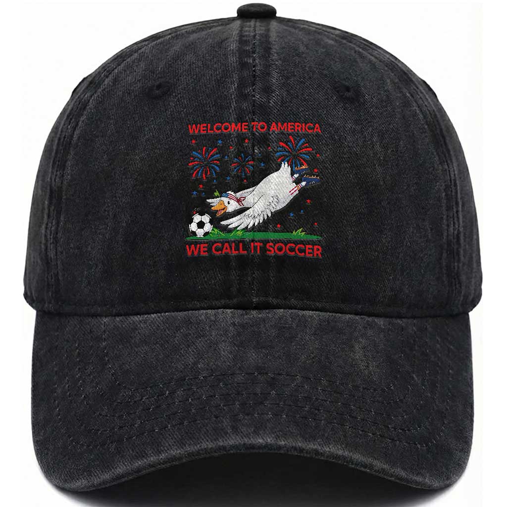 Funny USA Goose Football Washed Cotton Baseball Cap Welcome To America We Call It Soccer