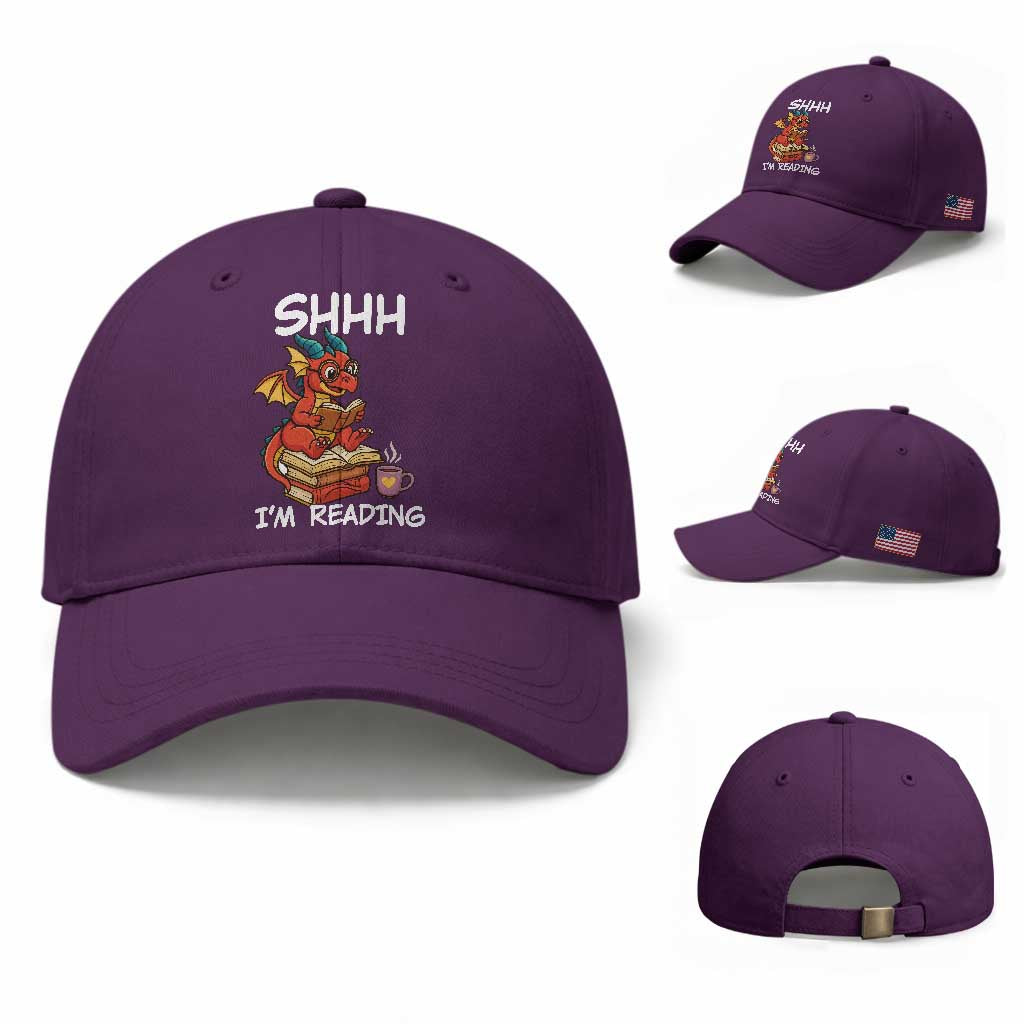 Shhh I Am Reading Baseball Cap Funny Dragon Reading Book