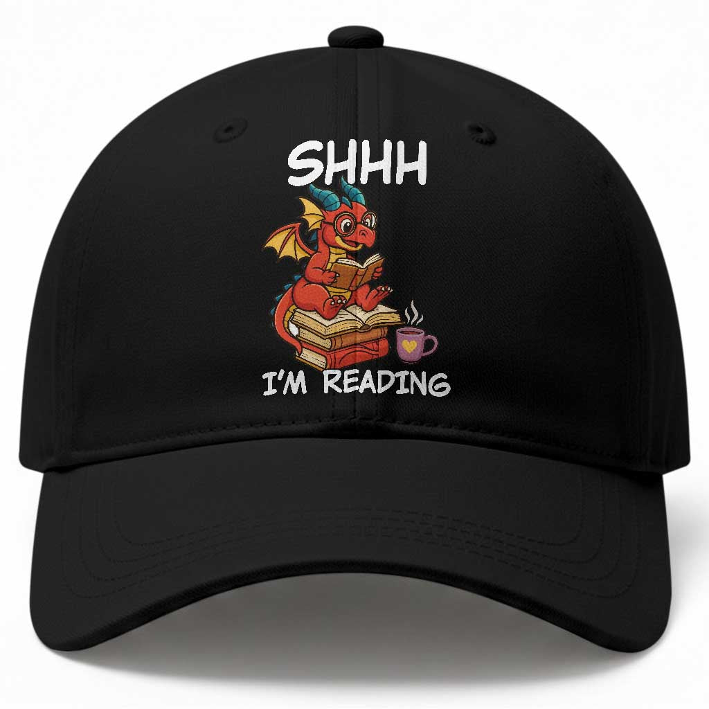 Shhh I Am Reading Baseball Cap Funny Dragon Reading Book