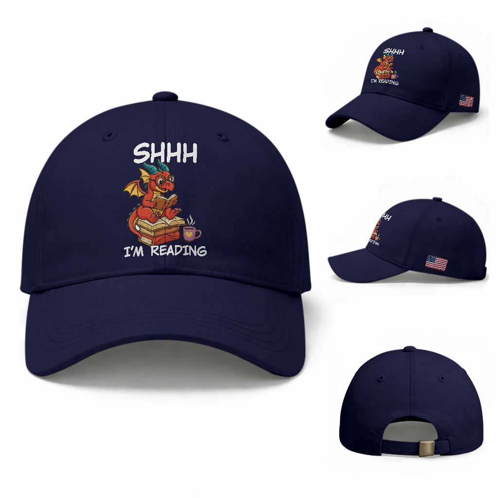 Shhh I Am Reading Baseball Cap Funny Dragon Reading Book