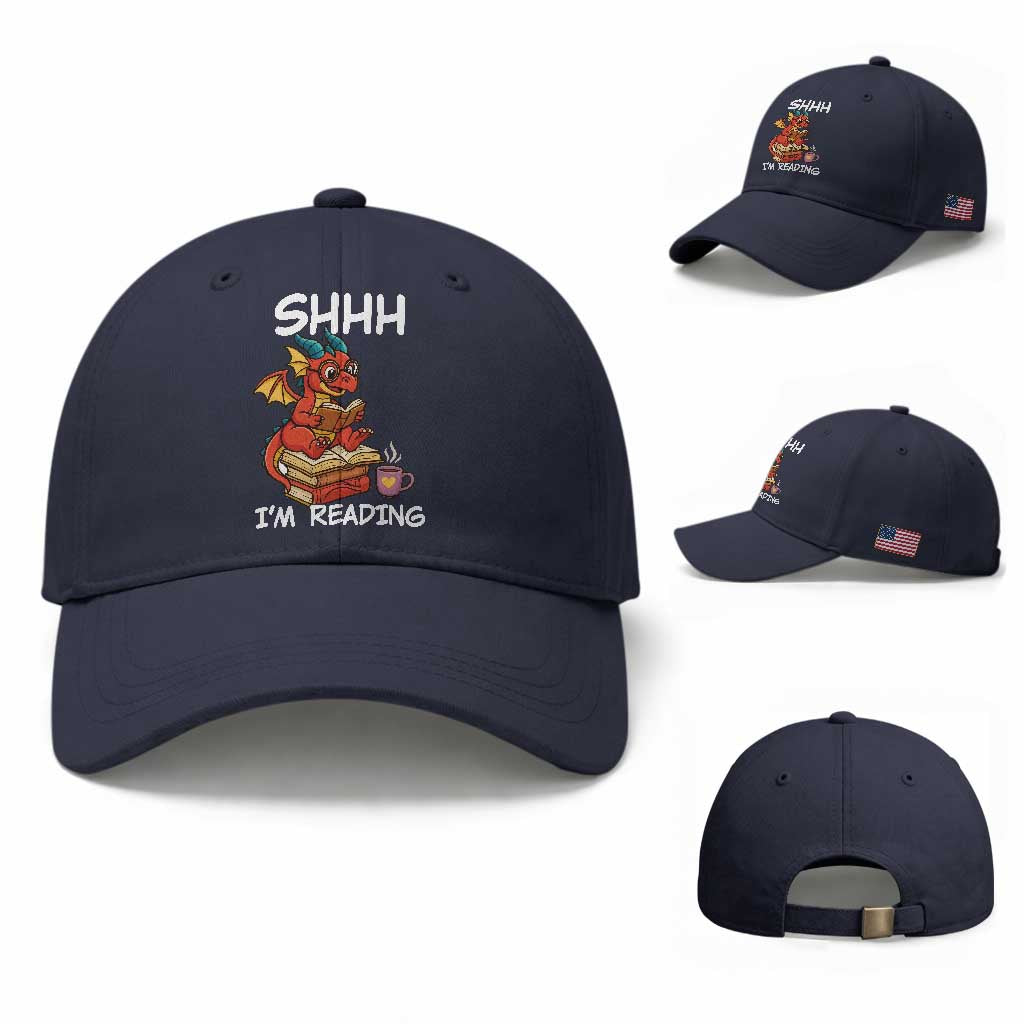 Shhh I Am Reading Baseball Cap Funny Dragon Reading Book