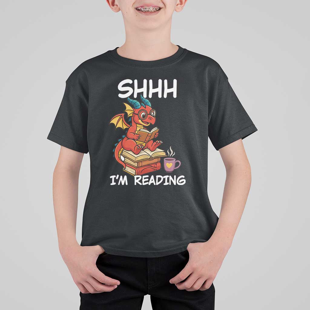 Shhh I Am Reading T Shirt For Kid Funny Dragon Reading Book - Wonder Print Shop