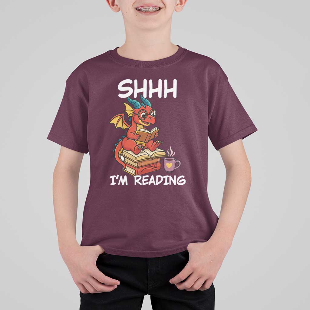 Shhh I Am Reading T Shirt For Kid Funny Dragon Reading Book - Wonder Print Shop