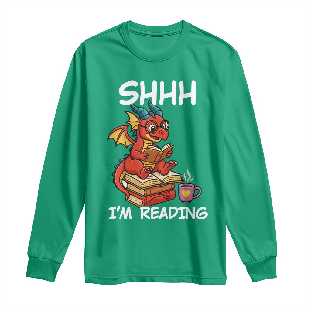 Shhh I Am Reading Long Sleeve Shirt Funny Dragon Reading Book - Wonder Print Shop