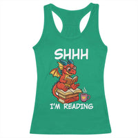 Shhh I Am Reading Racerback Tank Top Funny Dragon Reading Book - Wonder Print Shop