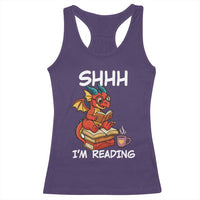 Shhh I Am Reading Racerback Tank Top Funny Dragon Reading Book - Wonder Print Shop