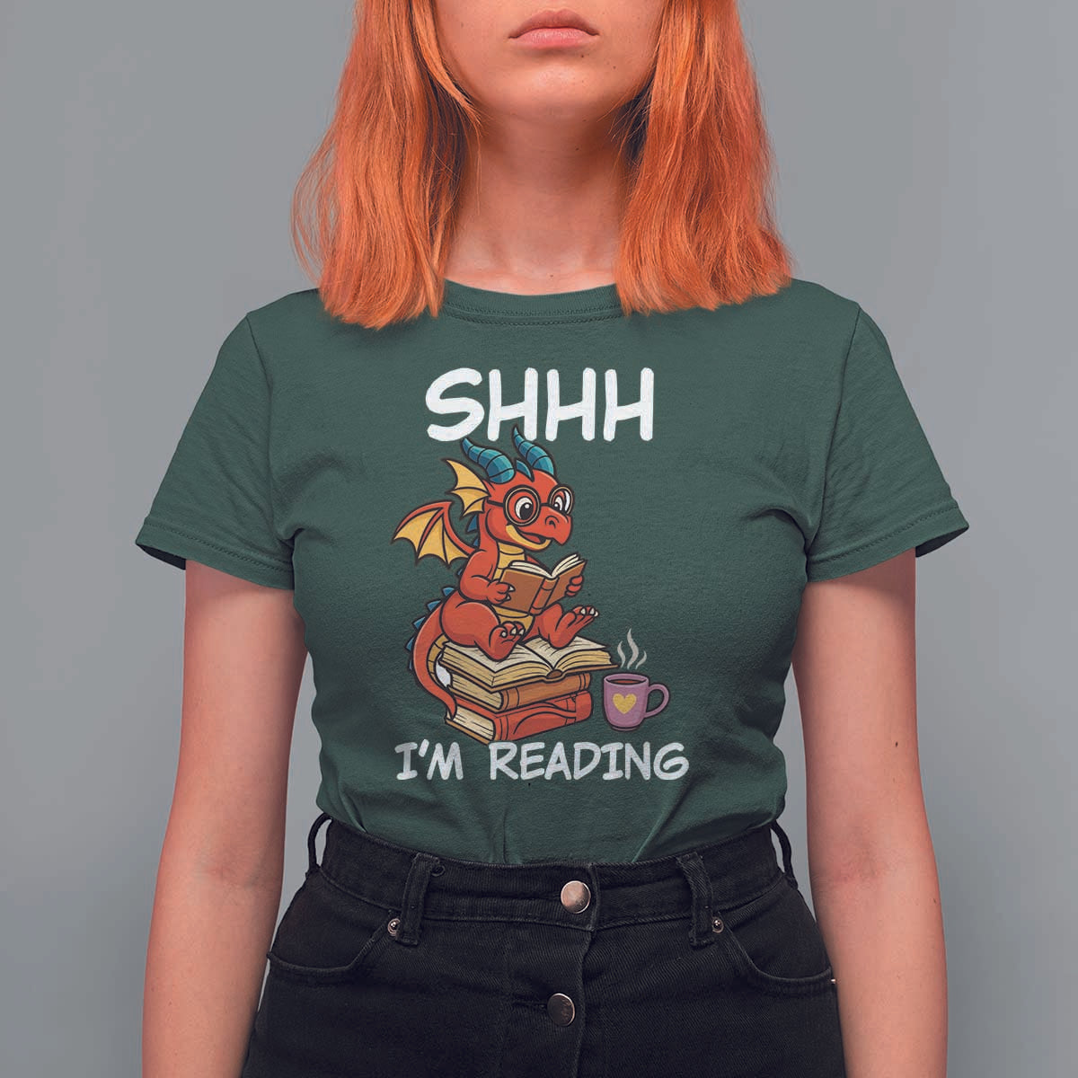 Shhh I Am Reading T Shirt For Women Funny Dragon Reading Book - Wonder Print Shop