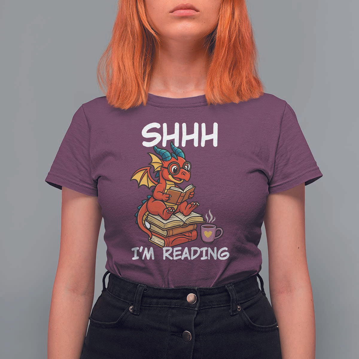 Shhh I Am Reading T Shirt For Women Funny Dragon Reading Book - Wonder Print Shop