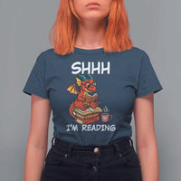 Shhh I Am Reading T Shirt For Women Funny Dragon Reading Book - Wonder Print Shop